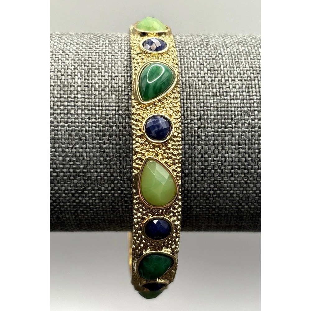 Trina Turk Faux Jade Faux Lapis Lazuli Cabochon Bangle Bracelet Gold Tone